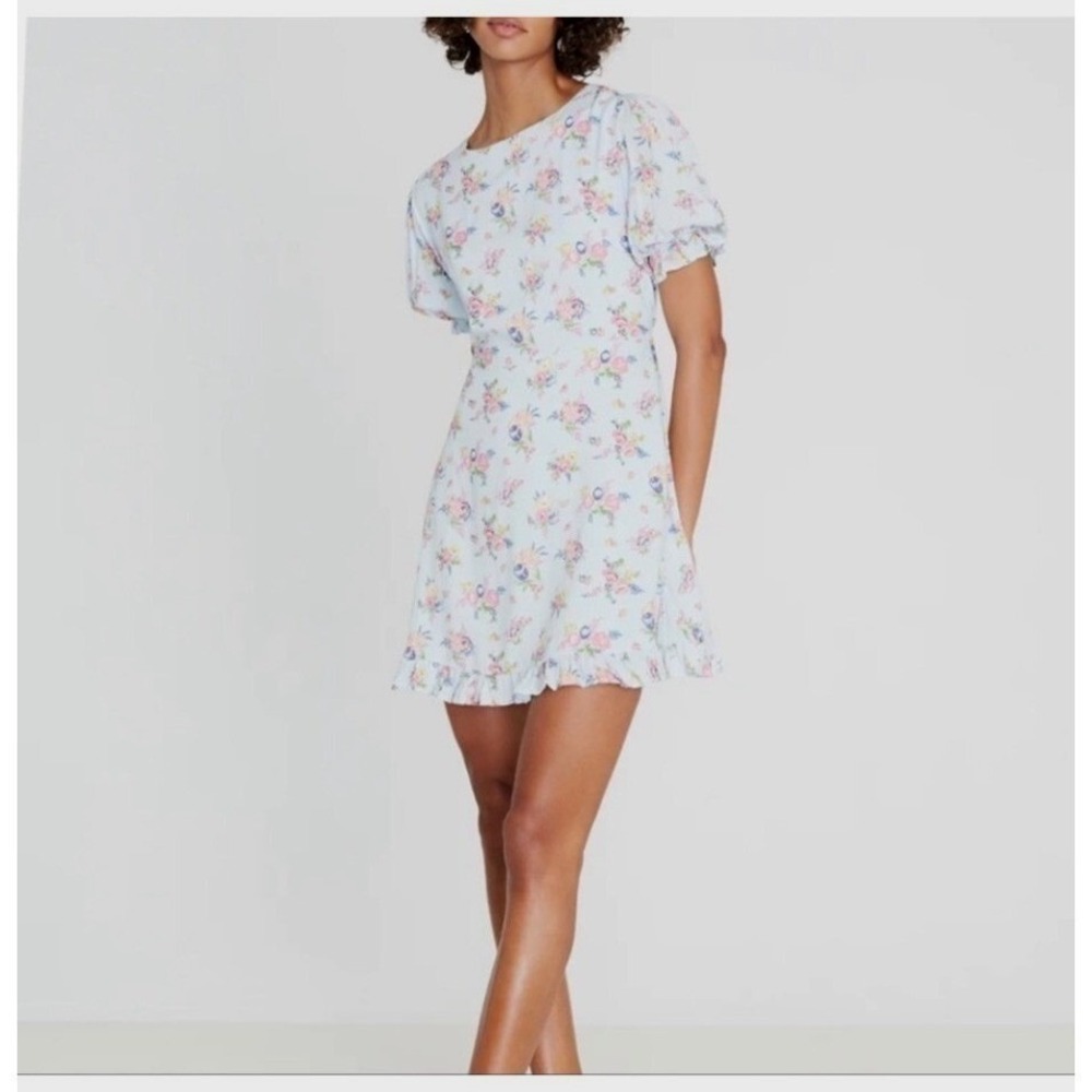 Faithfull The Brand Mini Dress Women's 6 Blue Floral Puff Sleeve Ruffle